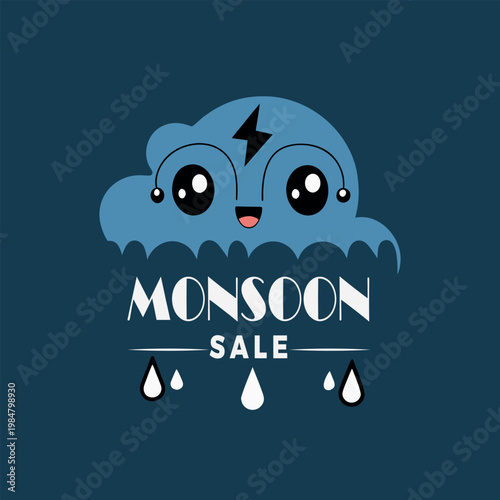 A cartoon cloud with a lightning bolt on its head and the words monsoon sale