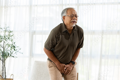 Senior man experiencing pain in prostate and urinary bladder holding crotch showing distressed emotional expression suffering from incontinence medical problem at home standing near window