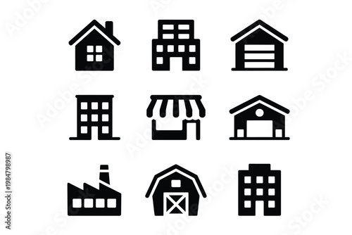 A collection of simple black building icons representing various architectural styles