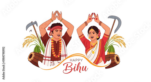 Illustrated vector of an Assamese couple in traditional dress celebrating the Rongali Bihu festival with a joyful mood, featuring drums, rice stalks, and agricultural tools against a clean