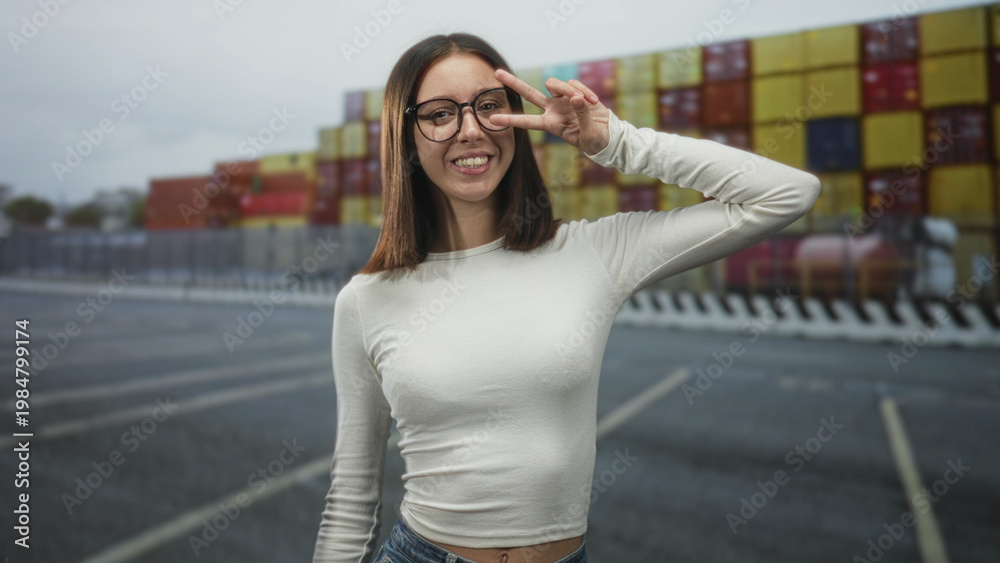 Fototapeta premium Young woman flashing peace sign with hand near eye on a street beside stacked shipping containers and fence; playful youth.