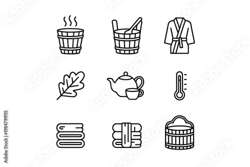 Minimalist black and white line icons depicting sauna elements and wellness concepts