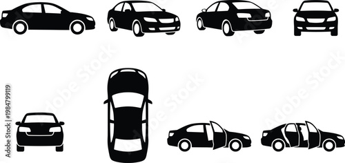 Black car silhouette vector set, sedan vehicle icons from multiple angles, automotive transport symbols for maps and technical diagrams