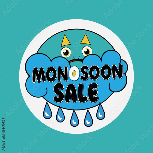 A cartoon blue cloud with the words monsoon sale