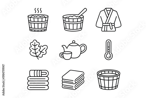 Minimalist line art depicting traditional sauna elements buckets robes and temperature tools