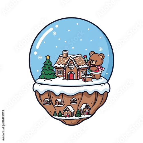 Charming Christmas Snow Globe with Teddy Bear and Gingerbread House.