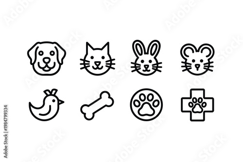 Line art icons depicting various animals a bone paw print and veterinary cross