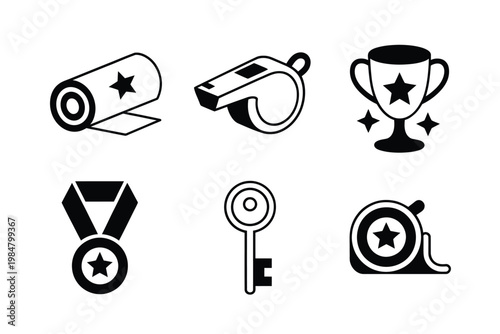 Black and white icons depicting athletic awards a whistle and symbols of victory