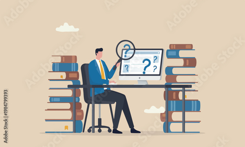 Fake news or on big books website and social media, screening or verify truth before sharing or believe concept, man with magnifying glass verify fake news on website on computer