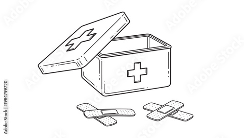 Detailed line art illustration of an open first aid kit box with a medical cross symbol and two adhesive bandages, representing emergency healthcare.
