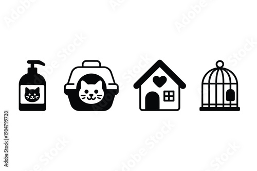 A collection of black and white icons depicting pet care items and housing