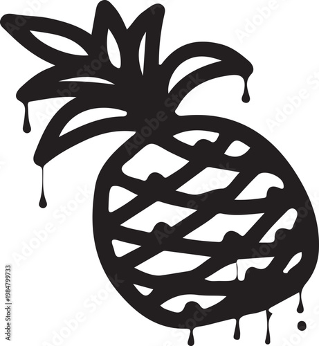 Dripping silhouette of a pineapple fruit with black and white hand drawn pineapple
