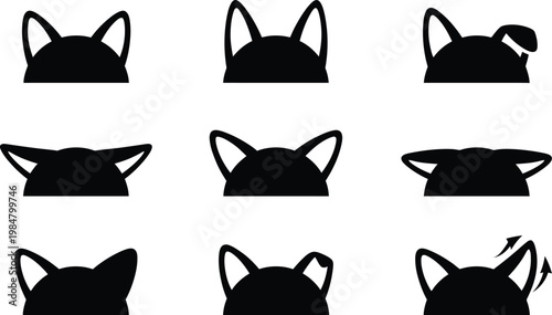 Minimalist cat ears silhouette set, 9 black animal ear icons for photo booth props, cute kitten ear headbands for digital scrapbooking and crafts