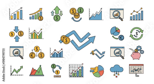 Diverse icons representing financial growth, investment, and economic analysis concepts