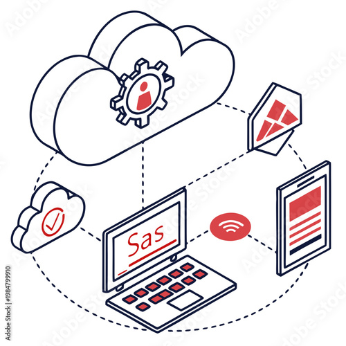 A laptop connected to a cloud with a gear and icons around it