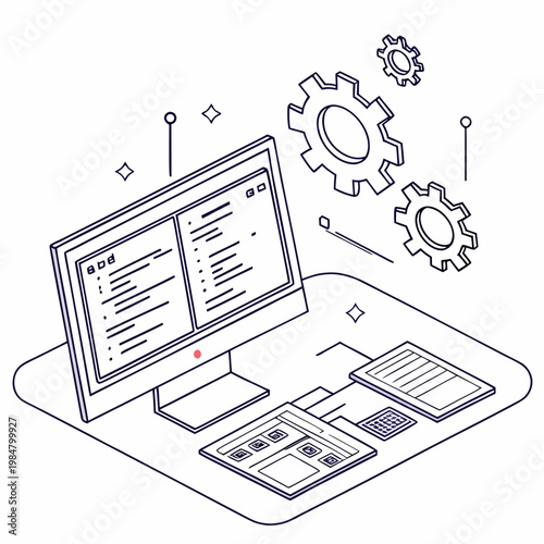 Computer with keyboard and gears for software development