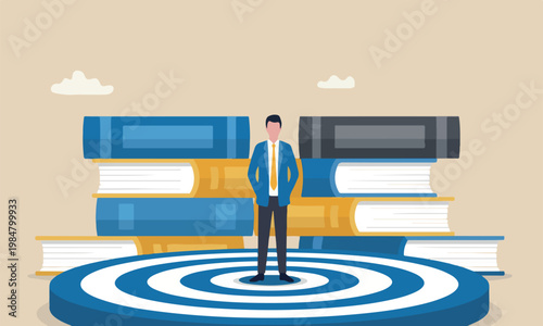 Miniature peopl confident figure businessman standing at the center of dartboard as business goal achievement concept