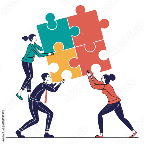 Three people working together to assemble puzzle pieces