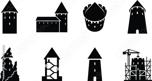Medieval castle tower icons set, black silhouette fortress and stone bastion vector elements, ancient defensive architecture and ruins collection