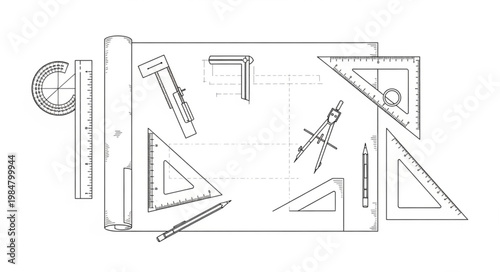 Set of technical drawing and measuring tools.