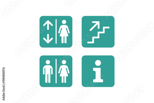 Four teal square signs display common public facility symbols restroom stairs and information