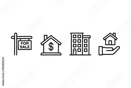 Real estate icons depicting houses buildings and a for sale sign in linear style
