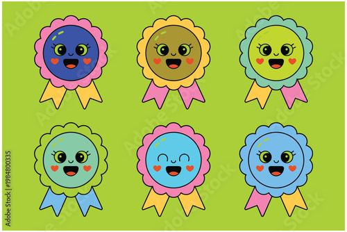 Six cute smiling award ribbons or medals with happy faces and pastel colors on green background vector illustration