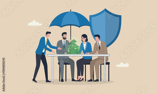 Income protection,meeting bank protect investment profit, wealth preservation or insurance, risk management concept, businessman hand offer umbrella to protect dollar sign money