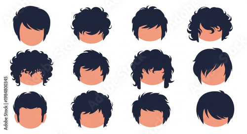 Set of Twelve Male Curly Hairstyle Avatars.