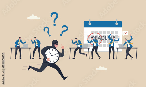 productivity meeting efficiency to finish in deadline, strategy or accomplishment concept, burglar thief stealing time clock and run away