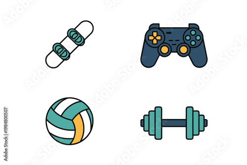 Colorful icons depicting a gamepad athletic tape volleyball and dumbbells