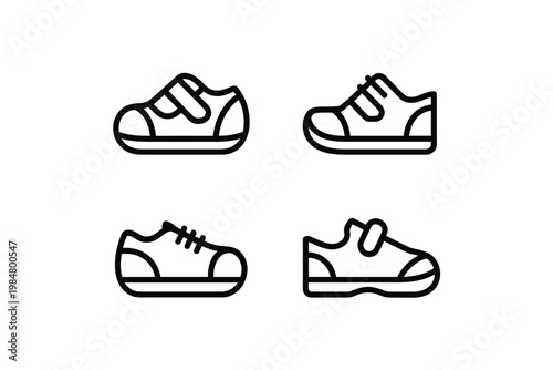 A set of four simple black and white line drawings depicting different shoe styles