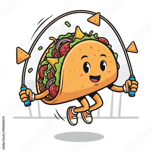 Happy taco character jumping rope during a workout session with mexican food fast food exercise activity character