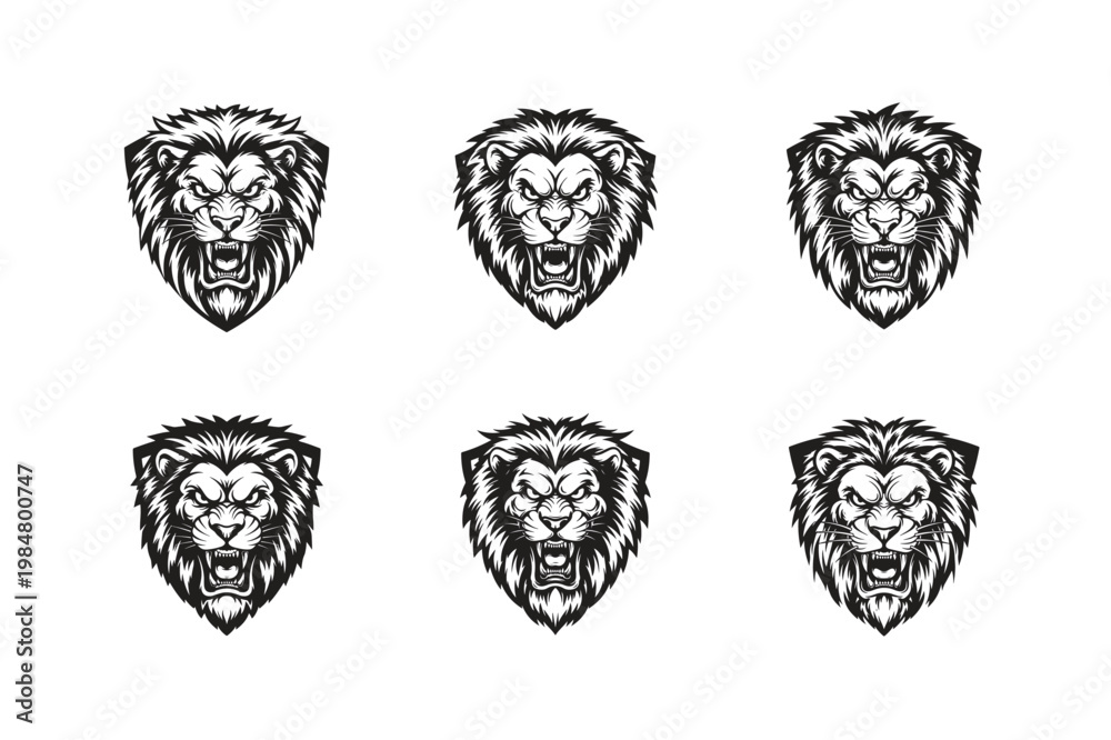 Obraz premium Angry Lion Head Mascot Logo with Shield Vector Set, Roaring King Lion Face for Sports Team, Gaming Esport and Fitness Branding