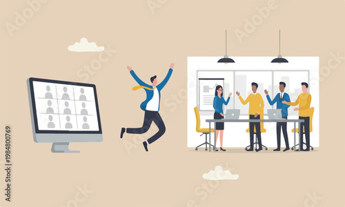 Ending to meeting teams together face concept, businessman jumping from remote video call running back work in the office