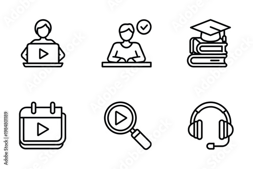 Line art icons depicting online learning education and digital resources for students