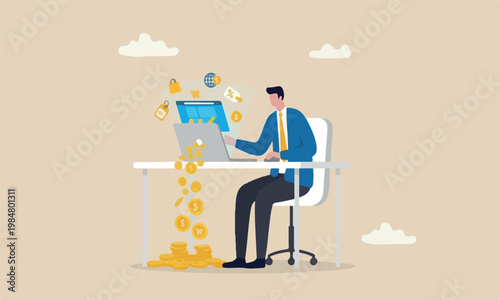 Make online investment, internet or e-commerce, sell product online, affiliate marketing concept, businessman making money coins online website from computer laptop