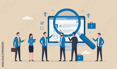 Job search, employee finding new job, career opportunity, employment recruitment, applicant candidate online website concept, businessman magnifying glass searching for new job
