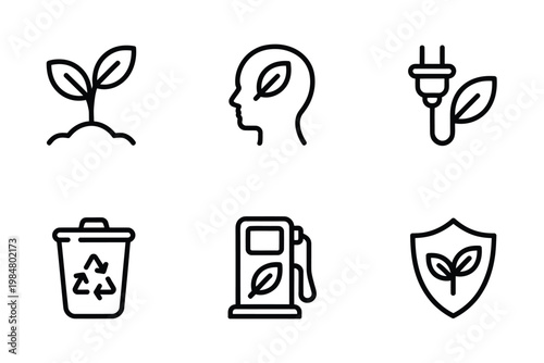 Line art icons depicting growth mind energy waste fuel and environmental protection