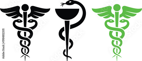 Contrast of traditional and modern medical symbols featuring the caduceus and rod of asclepius