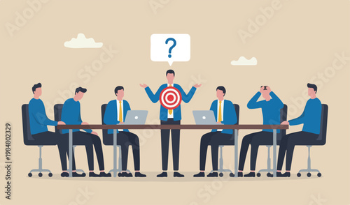 Awkward moment, embarrassment conversation, nervou work, moment concept, awkward confused red big bullseye too target shrug businessman team meeting helpless speech bubble