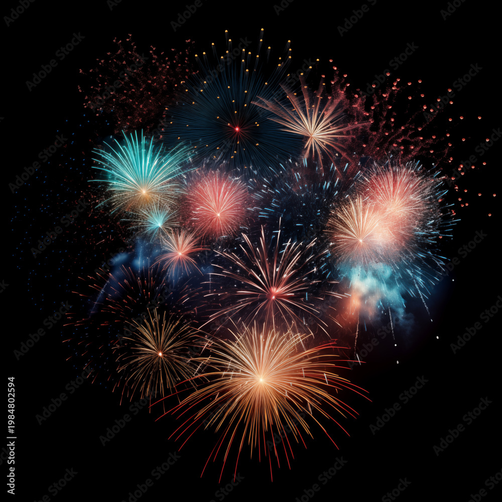 Fototapeta premium Celestial Symphony: A vibrant array of fireworks illuminates the night sky, their bursts of color and light painting a mesmerizing spectacle of celebration and wonder.