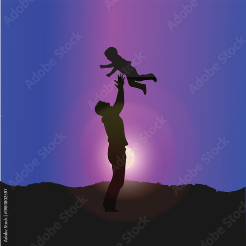 An adult lifting a child against a vibrant twilight sky