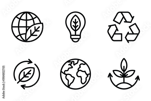 Line art icons representing environmental themes earth recycling leaves and sustainable energy