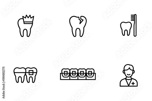 Dental health icons depicting teeth crowns braces and a dentist illustration