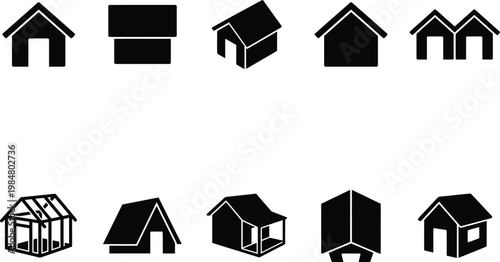 Minimalist house icon set, black silhouette home symbols, collection of 10 architectural building vector elements for real estate and web design