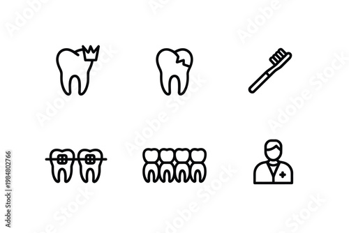 Line art icons depicting dental health tooth care and a dentist s presence