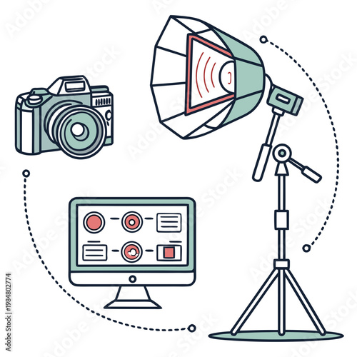 Professional photography and production equipment set with camera and studio lighting photography lighting equipment production professional computer workspace recording electronic business