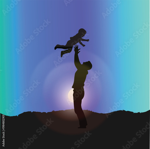 A moment of joy as a child is lifted into the twilight sky by a guardian.