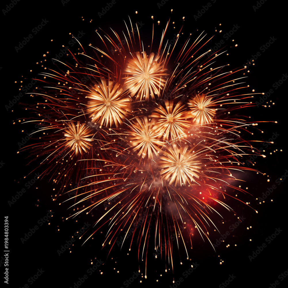 Obraz premium Explosive Symphony: A mesmerizing display of fireworks erupts against the dark canvas of night, painting the sky with radiant bursts of color and light.